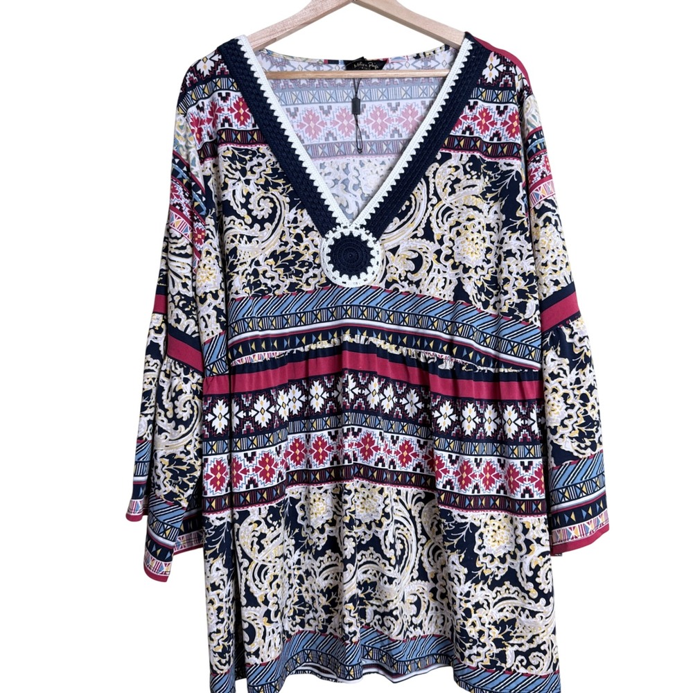 Melissa Paige Tunic Blouse 3X Blue Peasant Crochet Paisley Empire Bell Sleeve